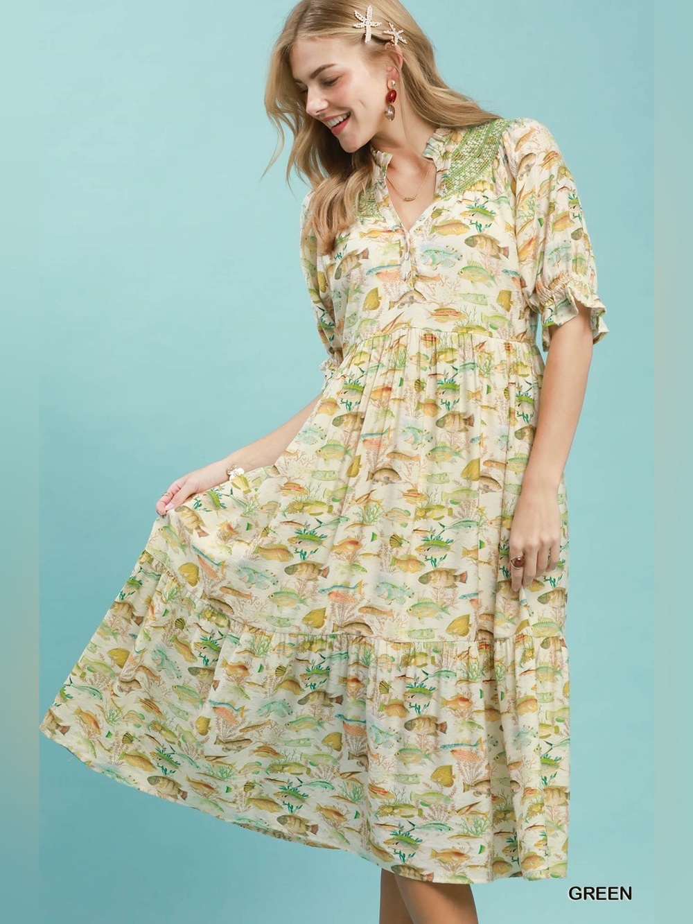 Umgee Print Tiered Midi Dress